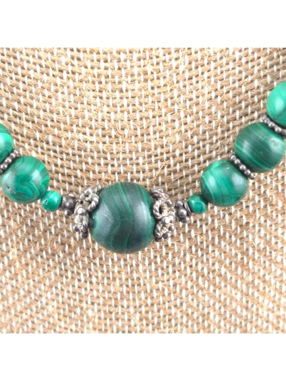 Vintage Malachite Beaded Necklace Earrings Set Sterling Silver 19 inches - Picture 6 of 8